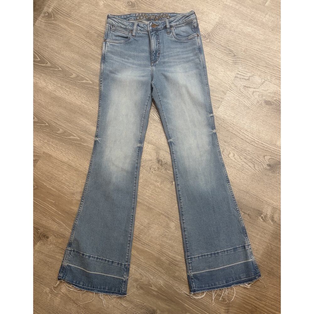 Wrangler Retro High Rise Trouser Jeans Womens Tag 27x34 Blue Flare Raw Hem - Picture 2 of 6
